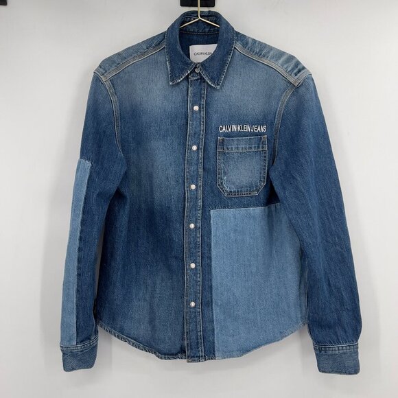 Calvin Klein Jeans Logo Patch Silver Snap Buttons Utility Shirt Women's S - Picture 1 of 13